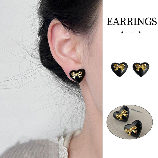 Elegant Black Heart Earrings with Golden Bow for Girls Sweet Fashion Jewelry