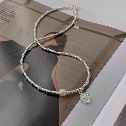Handmade S925 Silver Bamboo Link Medallion Pearl Pendant Necklace INS Style Jewelry