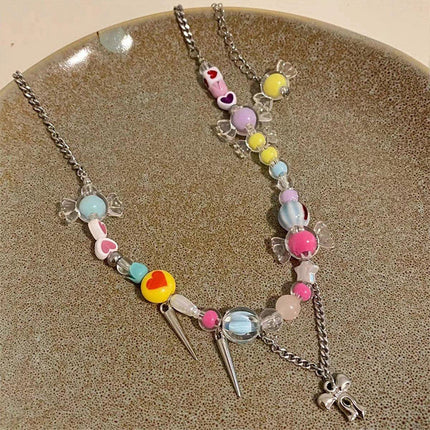 Cute Candy Heart Colourful Beaded Necklace Women Girls Trendy Fashion