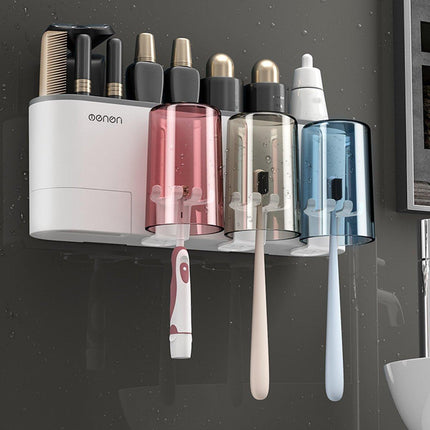 Bathroom Wall Mounted Toothbrush Holder Toothpaste Stand Storage Rack With Cup - Aimall
