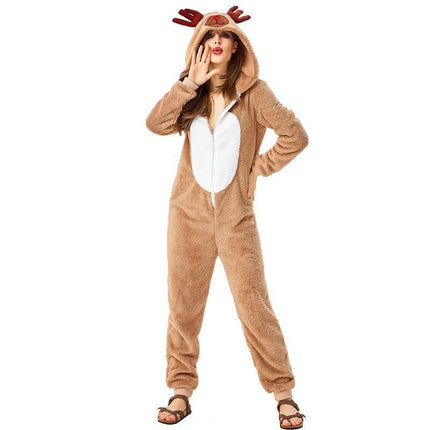 Christmas Reindeer Onesie Adult Khaki Cosplay Pajamas Comfy Animal Costume - Aimall