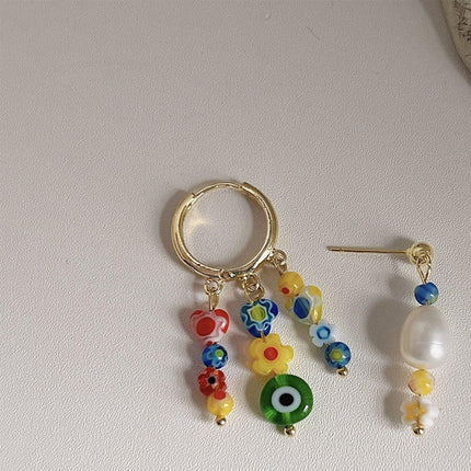 Vintage Asymmetrical Earrings Handmade Floral Glass and Pearl Drop Design for Women