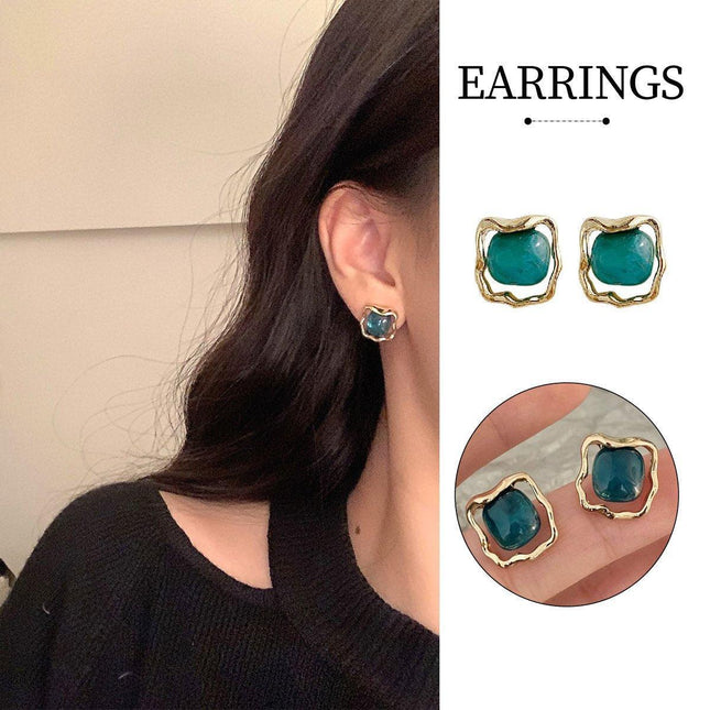 Elegant Blue Oil Drop Earrings Fashion Retro Geometric Irregular Silver Needle