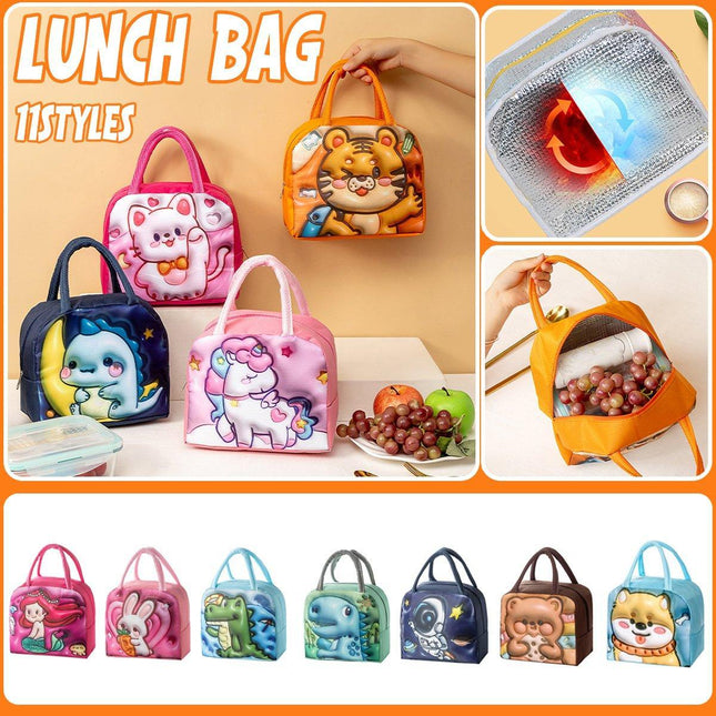Cute 3D Cartoon Insulated Lunch Bag Oxford Fabric Bento Tote for School Use