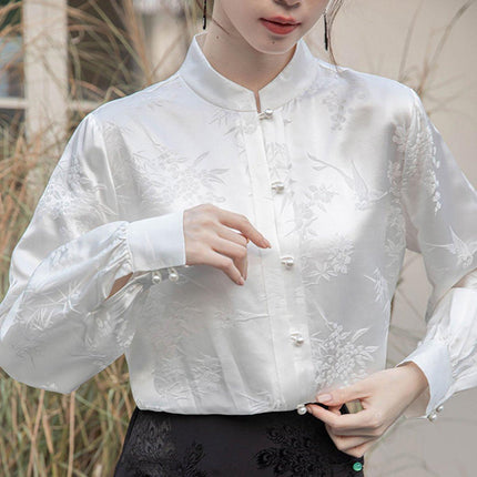 New Spring White Chinese Style Womens Top with Stand Collar Elegant Shirt