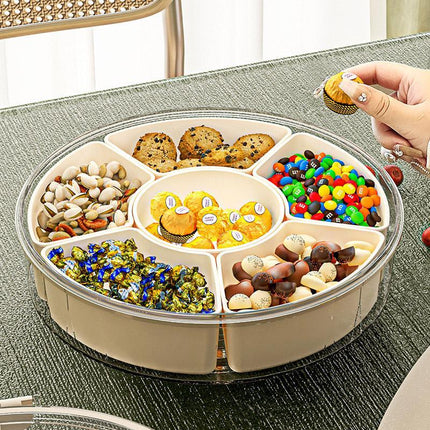 Six Compartment Rotary Fruit Plate Portable Round Snack Box with Lid for Home