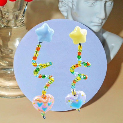 Colourful Beaded Resin Love Earrings Asymmetrical Cloud Drop Long Dangle Jewelry