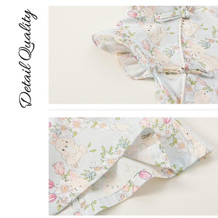 Summer Cheongsam Dresses Girl Stand Collar Flying Sleeves Dresses Rabbit Print