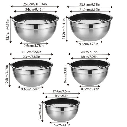 5PCS Stainless Steel Mixing Bowl Set with Black Dust Cover for Cooking Baking