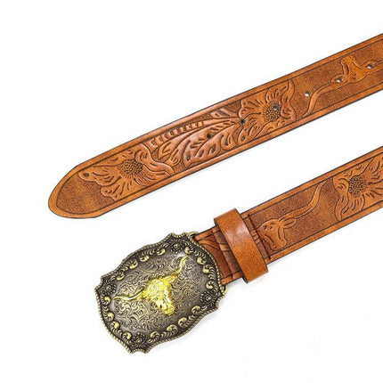 Retro Punk Belt with Cow Head Large Plate Buckle Trendy Western Waist Strap