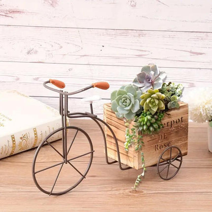 Retro Iron Bicycle Ornament with Wooden Flower Pot Green Plant Holder Decor
