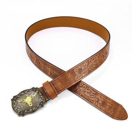 Retro Punk Belt with Cow Head Large Plate Buckle Trendy Western Waist Strap