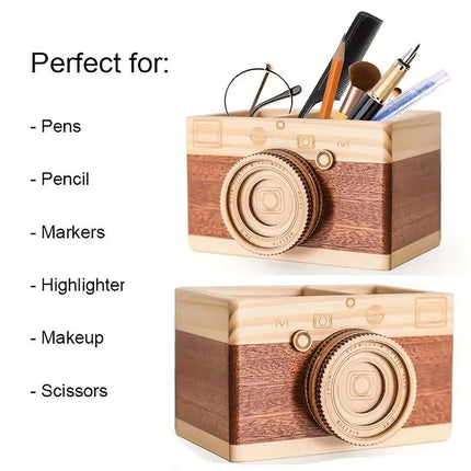 Vintage Wooden Camera Pen Holder Handmade Retro Gift Box Graduation Souvenir