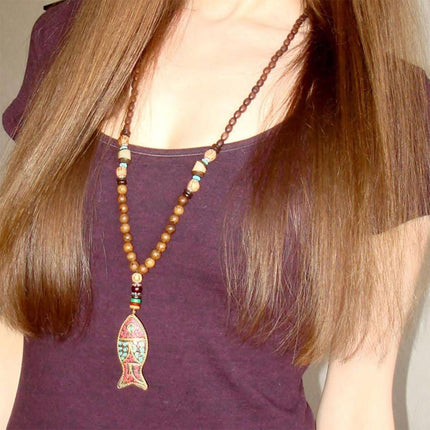 Retro Ethnic Style Pendant Sweater Chain Long Wooden Bead Necklace Fashion