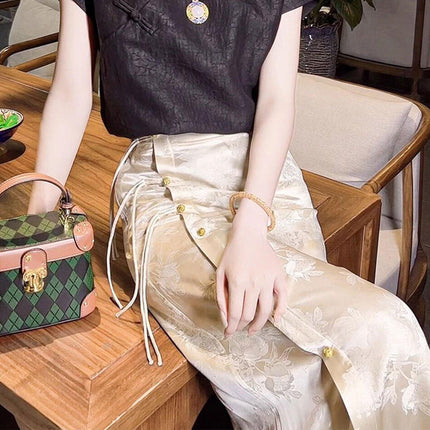 Retro White Cheongsam Style High Waist Slit Skirt for Women