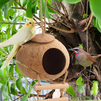 Natural Coconut Bird Nest Cage Pet Parrot Parakeet Safe Hut Feeder Shell Home - Aimall