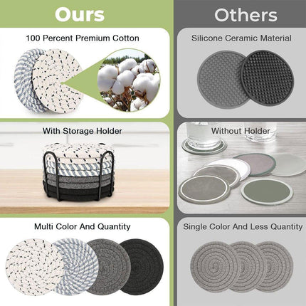 8Pcs Woven Cotton Rope Coasters with Storage Rack Insulation Placemats