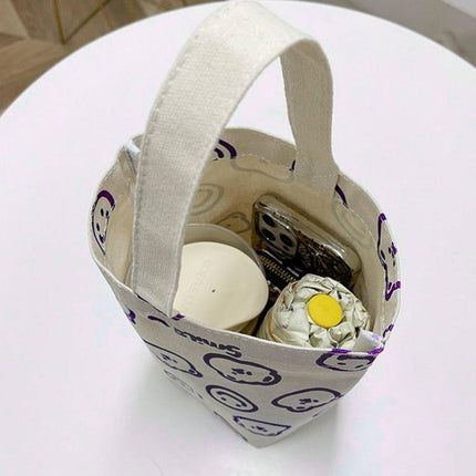 2pcs Cartoon Printed Canvas Bag Cute Casual Handbag Cup Holder Tote Bag Set