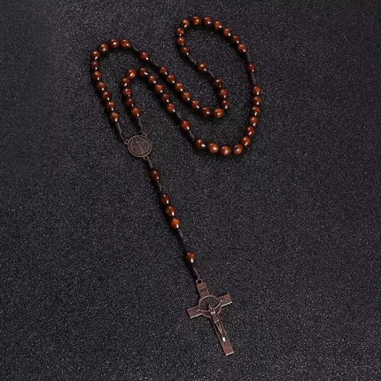 1PC Wooden Rosary Beads Necklace Christian Cross Catholic Rosary Beads - Aimall