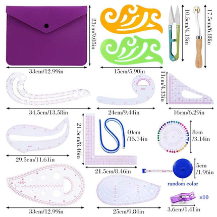 17pcs Sewing Ruler Set Garment Curve Ruler Pattern Making Drawing Tool Kit