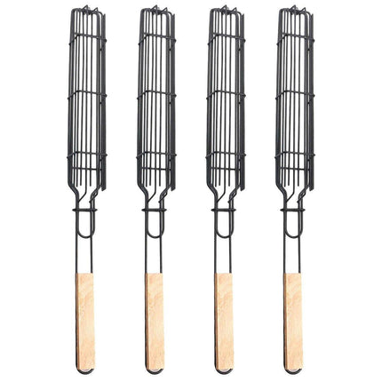 4PCS Outdoor BBQ Grill Basket Wooden Handle Sausage Hot Dog Corn Grilling Net