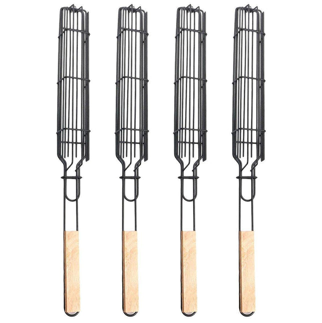 4PCS Outdoor BBQ Grill Basket Wooden Handle Sausage Hot Dog Corn Grilling Net