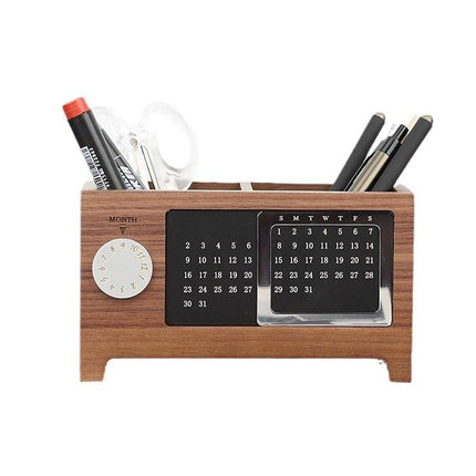 Black Walnut Wood Perpetual Calendar Pen Holder Desktop Organizer Office Storage