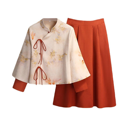 Autumn Winter New Chinese Style Cheongsam Top Women girl Fashion Improved Skirt Dress Suit - Aimall