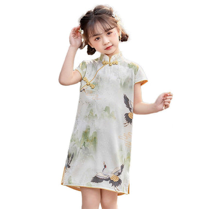 Elegant Floral Traditional Chinese Girl Short-sleeved Cheongsam Dress Outfit