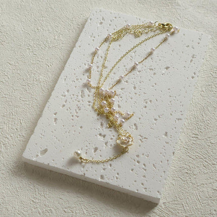 Gold Pearl Camellia Long Tassel Necklace Elegant Airy Jewelry for Women Gift