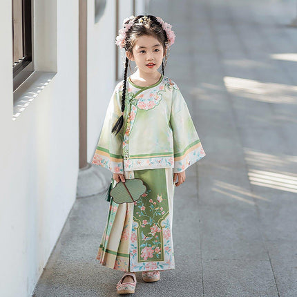 Spring Chinese Style Hanfu Girls Modified Tang Suit Two-Piece Colourful Set