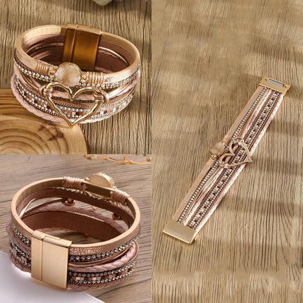 Chic Women's Multi-Color Leather Wrap Bracelet Love Heart Charms Magnetic Clasp - Aimall