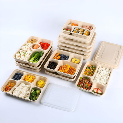 25/50pcs Biodegradable Lunch Box Microwaveable Tray with Compartment Paper Lid