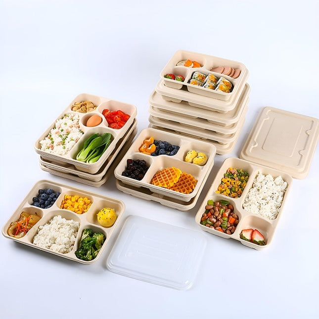 25/50pcs Biodegradable Lunch Box Microwaveable Tray with Compartment Paper Lid