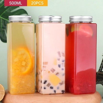 20pcs 500ml Food Grade PET Square Juice Bottles Transparent Flat Drink Container