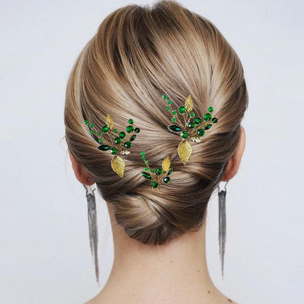 Wedding Bridal U Shaped Hairpins Emerald Green Leaf Bun Clips Women Rhinestone