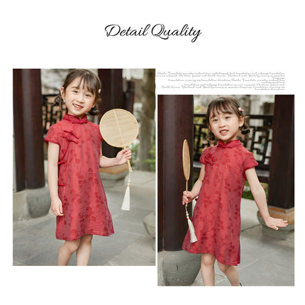 Summer Cotton Cheongsam Dress Girls Retro Solid Color Fashion Solid Color Dress - Aimall