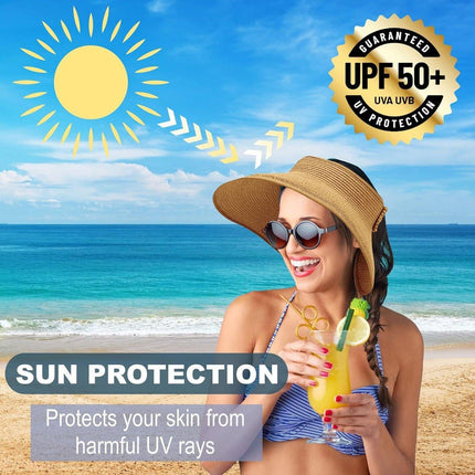 Women Roll Up Sun Visor Wide Brim Straw Hat Summer Foldable UV Protection Cap