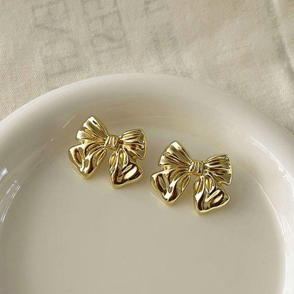 Gold Bow Earrings Women Fashion Stud Jewelry Simple Elegant Gift