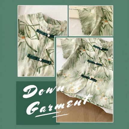 Summer Chinese-style Boys Green Short-Sleeved Shirt Short Pant Two-Piece Thin