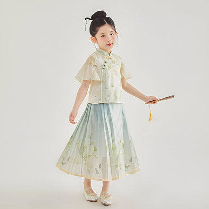 New Chinese Style Girls Short-Sleeved Horse Skirt Suit Traditional Two-Piece Outfit