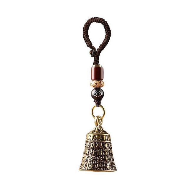 Pure Brass Bell Car KeyChain Engraved Chinese Buddhist Sutra Handmade Woven Rope - Aimall