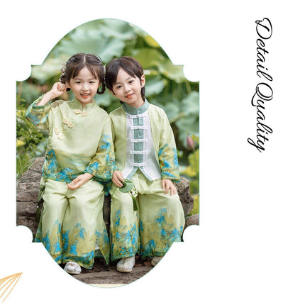 Boys Landscape Painting Performance Costume Chinese Style Traditional Green Set