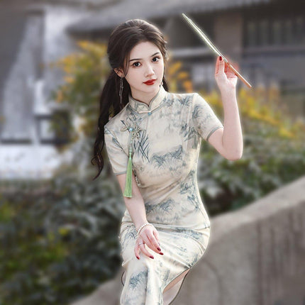 Long Cheongsam Chinese Style Slim Fit Eight Buttons Ink Painting Dress Colourful