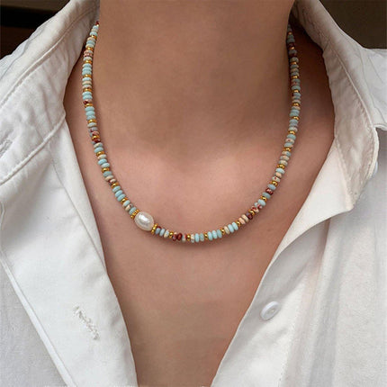Vintage Ocean Style Blue Beaded Necklace Artsy Resort Fashion Jewelry