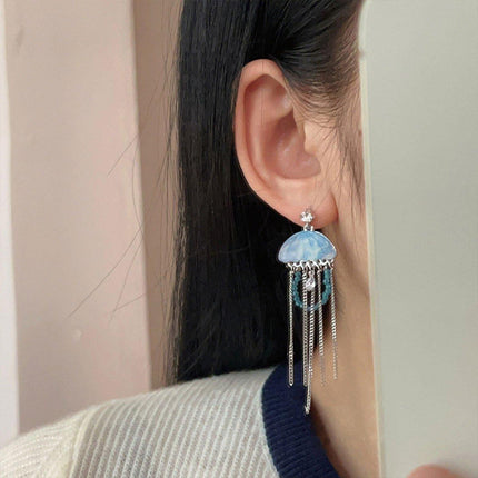 French Retro Enamel Jellyfish Tassel Earring Cool Elegant Fashion Dangle Jewelry