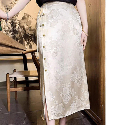 Retro White Cheongsam Style High Waist Slit Skirt for Women