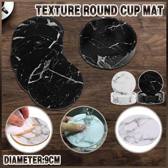 6x Coasters with Holder Marble Texture Round Cup Mat Pad Set For Drinks - Aimall