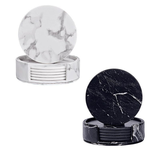 6x Coasters with Holder Marble Texture Round Cup Mat Pad Set For Drinks - Aimall