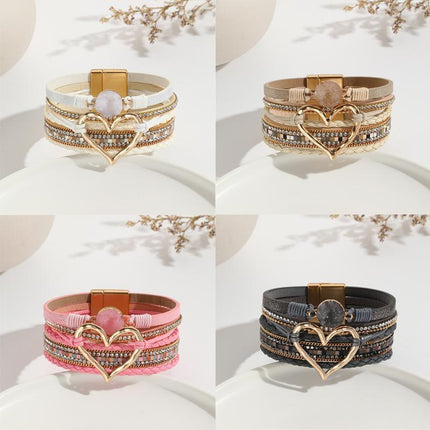Chic Women's Multi-Color Leather Wrap Bracelet Love Heart Charms Magnetic Clasp - Aimall